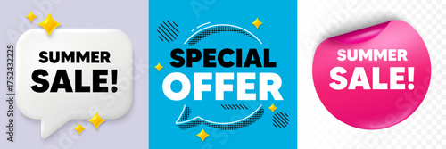 Summer sale speech bubble. 3d sparkles chat, Paper sticker. Summer Sale tag. Special offer price sign. Advertising Discounts symbol. Special offer bubble. Halftone dots pattern. Vector