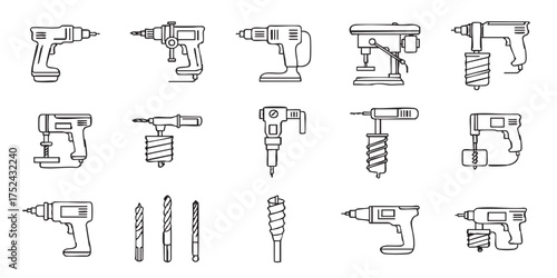 Set of drilling machine tool outline icons vector
