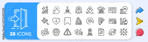 Petrol station, Excise duty and Skyscraper buildings line icons. Interest rate, AI generate, Inflation icons. Pack of Inspect, Building, Brush icon. Vector