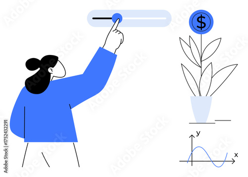 Woman interacting with slider near dollar-growing plant and graph. Ideal for finance, investment, growth, innovation, economy, decision-making topics, strategy. Minimalist flat metaphor