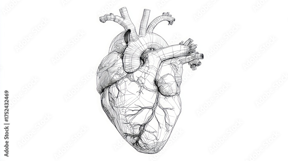 Fototapeta premium Intricate Wireframe Heart Model in Monochrome Artistic Design for Medical Illustrations
