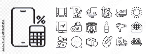 Eye drops, Queue and Wine bottle line icons for web app. Glare of light effect. Message icon. Pack of Delivery route, Market buyer, Car service pictogram icons. Vector