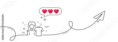 Clean shirt line icon. Continuous line with share plane. Laundry tshirt sign. Clothing cleaner symbol. Hearts rate review in speech bubble. Clean shirt single line ribbon. Loop curve pattern. Vector