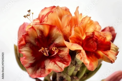 Close-up of coral-red gladiolus flowers with white edges on a bright studio background, delicate vibrant blooms under soft light.