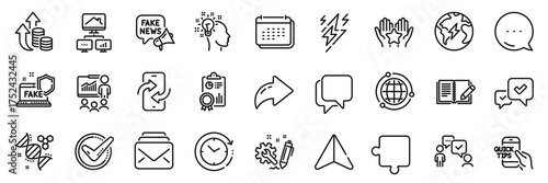 Lightning bolt, Fake news and Time change line icons pack. Share, Message, Paper plane icons. Inflation, Puzzle, Feedback web icon. Inspect, Phone transfer, Education pictogram. Vector