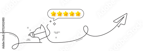 Dog on leash line icon. Continuous line with share plane. Pet in muzzle sign. Animal aggression control symbol. Five star rate review in speech bubble. Dog leash single line ribbon. Vector