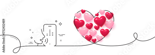 Voicemail line icon. Continuous line big heart. Record phone voice sign. Cellphone mic symbol. 3d hearts in heart shaped loop. Voicemail single line ribbon. Loop curve pattern. Vector
