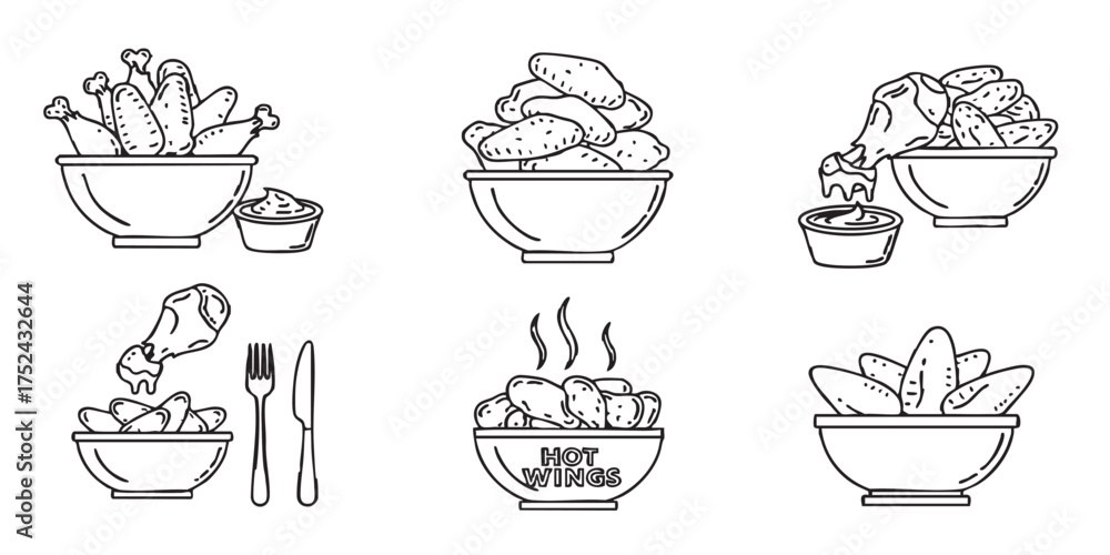 Obraz premium Set of chicken wings bowl icons vector 