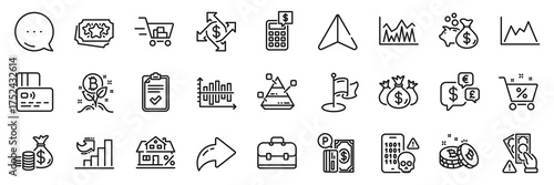 Bitcoin, Loan and Growth chart line icons pack. Share, Message, Paper plane icons. Coins bag, Loyalty points, Mortgage web icon. Diagram chart, Check investment, Portfolio pictogram. Vector