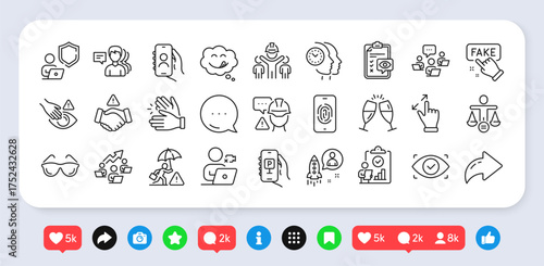 Yummy smile, Inspect and Teamwork line icons pack. Social media: share, comment, like icons. Builder warning, Video conference, User call web icon. Vector
