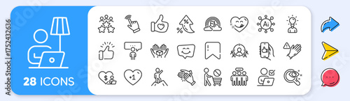 Smile chat, Education and Online voting line icons. Interest rate, AI generate, Inflation icons. Pack of Vision test, Clapping hands, Like hand icon. Lgbt, Hold box, Leadership pictogram. Vector
