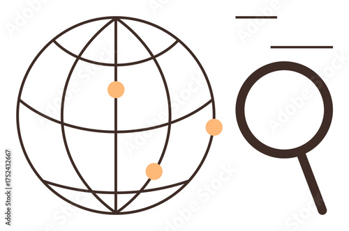 Globe with grid lines and points, magnifying glass. Ideal for global research, technology, worldwide connections, data analysis, exploration, information search innovation. Simple flat metaphor