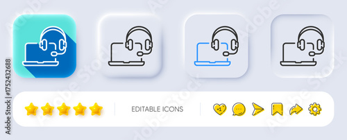 Consult line icon. Neumorphic, Flat shadow, 3d buttons. Online consulting sign. Laptop with headset symbol. Line consult icon. Social media icons. Vector