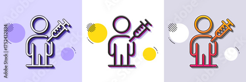 People vaccination line icon. Halftone dotted pattern. Gradient icon with grain shadow. Vaccine syringe sign. Man jabbed symbol. Line people vaccination icon. Various designs. Vector