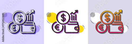 Currency rates line icon. Halftone dotted pattern. Gradient icon with grain shadow. Money exchange sign. Trade wallet symbol. Line currency rate icon. Various designs. Vector