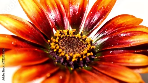 Macro close-up of an orange daisy-like flower with a white background and golden pollen under bright studio light.
