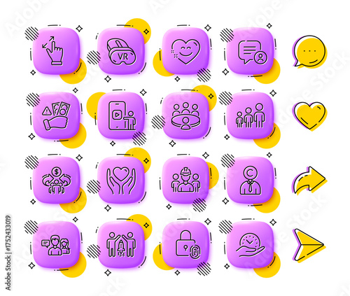 Hold heart, Vr and Sharing economy line icons. App 3d buttons. Social media comment, share, like icons. Pack of Fraud, Touchscreen gesture, People talking icon. Vector