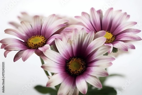 Close-up studio shot of pink and purple daisies with yellow centers on a white background, delicate petals and vibrant floral life.