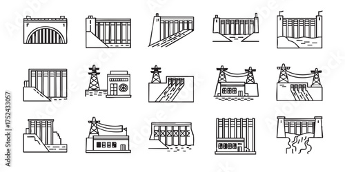 Set of hydroelectric dam outline icons vector
