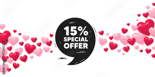 Special offer love banner with 3d hearts. Flying hearts background. Special offer qoute banner. Discount sticker with comma. Gift coupon icon. Valentines day greeting card. Vector