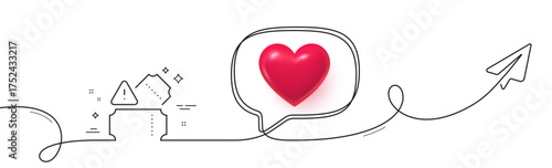 Tickets line icon. Continuous line with share plane. Transport entrance sign. Paid admission ticket symbol. 3d heart in speech bubble. Tickets single line ribbon. Loop curve pattern. Vector