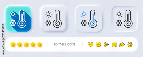 Weather thermometer line icon. Neumorphic, Flat shadow, 3d buttons. Winter snowflake, sun sign. Temperature symbol. Line weather thermometer icon. Social media icons. Vector