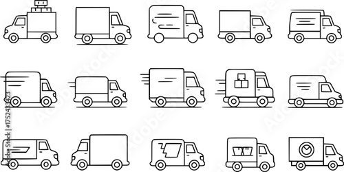 Simple Black Line Art Illustrations of Various Delivery Vans
