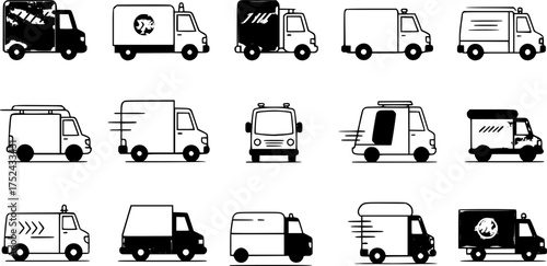 Simple Black Line Art Illustrations of Various Delivery Vans
