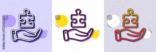 Puzzle line icon. Halftone dotted pattern. Gradient icon with grain shadow. Hand with Jigsaw piece sign. Business challenge symbol. Line puzzle icon. Various designs. Vector
