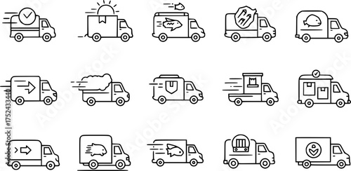 Simple Black Line Art Illustrations of Various Delivery Vans
