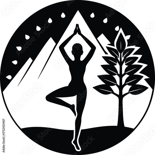 Serene Mountain Tree Pose With Nature Elements In A Circle