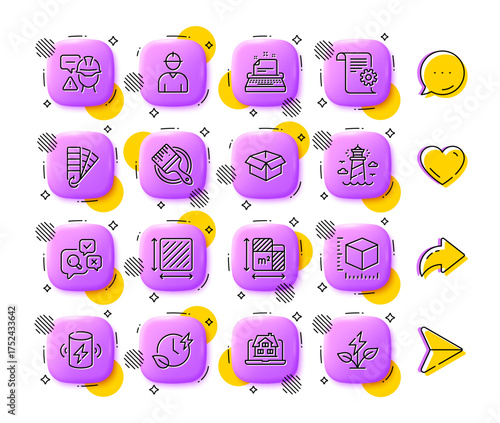 Technical documentation, Floor plan and Brush line icons. App 3d buttons. Social media comment, share, like icons. Pack of Builder warning, Charging time, Square area icon. Vector