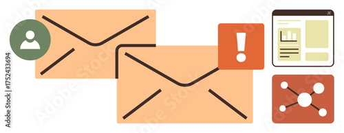 Envelopes, alert sign, user profile, web page, and network element highlighting communication, email use, notifications, and connectivity. Ideal for messaging updates internet collaboration