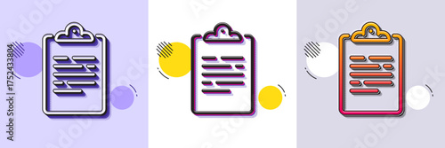 Clipboard document line icon. Halftone dotted pattern. Gradient icon with grain shadow. Agreement file sign. Survey record symbol. Line clipboard icon. Various designs. Vector