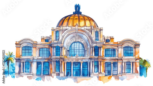 Bellas Artes Palace. Bellas Artes Palace hand drawn watercolor illustration