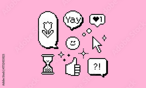 Y2k pixel art retro icons. 8 bit cute vector elements. Speech bubble, text Yay, chat balloons, flower icon, smile emoticon face for text message, game interface, social media, nostalgic digital design