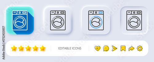 Washing machine line icon. Neumorphic, Flat shadow, 3d buttons. Laundry service sign. Clothing cleaner symbol. Line washing machine icon. Social media icons. Vector