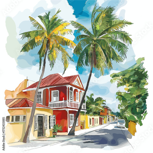 Bridgetown Historic District. Bridgetown Historic District hand drawn watercolor illustration