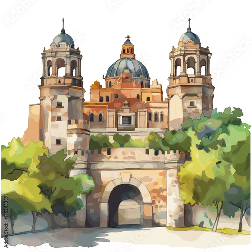 Castillo de Chapultepec. Castillo de Chapultepec hand drawn watercolor illustration