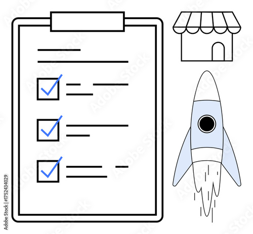Document checklist with blue checkmarks, small storefront, and upward rocket launch. Ideal for planning, startup growth, entrepreneurship, productivity, strategy small business innovation. Simple