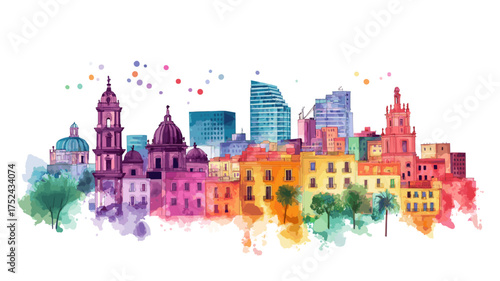 Mexico City. Mexico City hand drawn watercolor illustration