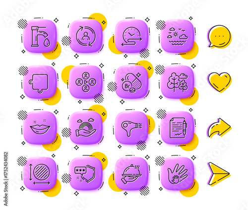 Puzzle, Time schedule and Lgbt line icons. App 3d buttons. Social media comment, share, like icons. Pack of Tap water, Video conference, Circle area icon. Vector