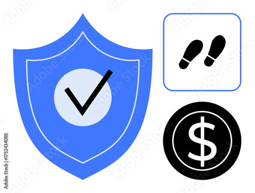 Blue shield with checkmark symbol for safety, footsteps icon for tracking movement, dollar sign for financial protection. Ideal for security, insurance, privacy, finance, assurance, risk management