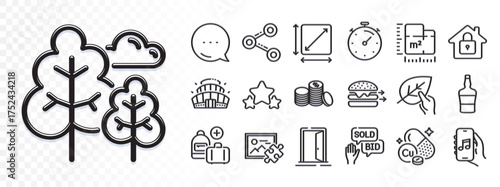 Share, Timer and Stars line icons for web app. Glare of light effect. Message icon. Pack of Lock, Music app, Open door pictogram icons. Food delivery, Add handbag, Floor plan signs. Vector