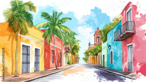 Santo Domingo Colonial Zone. Santo Domingo Colonial Zone hand drawn watercolor illustration