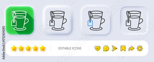 Tea with bag line icon. Neumorphic, Flat shadow, 3d buttons. Hot drink sign. Fresh beverage symbol. Line tea icon. Social media icons. Vector