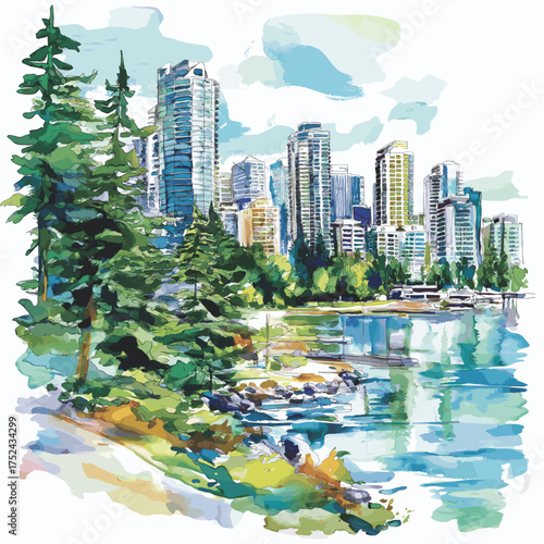 Stanley Park. Stanley Park hand drawn watercolor illustration