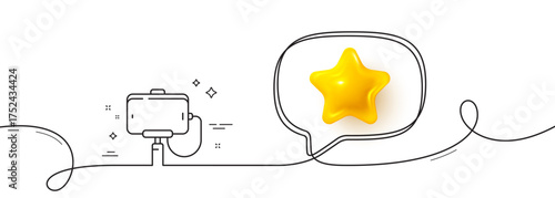 Selfie stick line icon. Continuous line with 3d star. Phone portrait photo sign. Mobile accessories symbol. 3d star in speech bubble. Selfie stick single line ribbon. Loop curve pattern. Vector