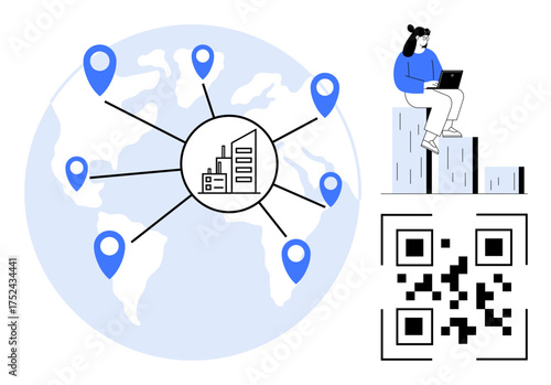 Globe with location pins, central business icon, QR code, and person working on a laptop highlight global reach, tech integration, and digital solutions. Ideal for globalization, technology, business