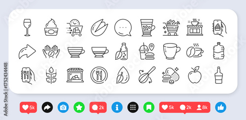 Overeating pills, Vegetables cart and Apple line icons pack. Social media: share, comment, like icons. Cappuccino, Market, Gluten free web icon. Scotch bottle, Cooking whisk, Tea cup pictogram. Vector
